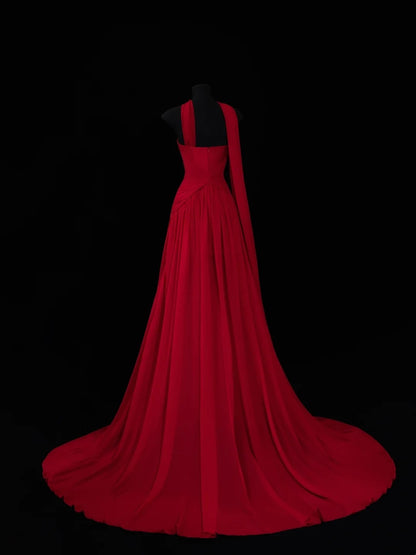 Chic A line Strapless Red Chiffon With Scarf Long Party Dresses Prom Dresses Impress Wedding Guest Dress N912