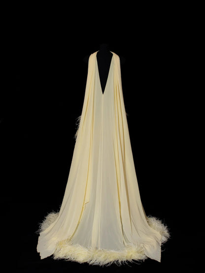 Chic A line Scoop Neck Yellow Chiffon With Feathers Long Party Dresses Prom Dresses Impress Wedding Guest Dress N913