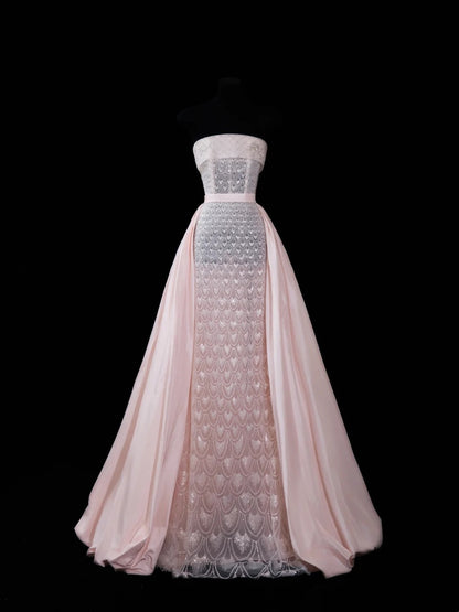 Chic Mermaid Strapless Pink With Train Sequined Long Party Dresses Prom Dresses Impress Wedding Guest Dress N914