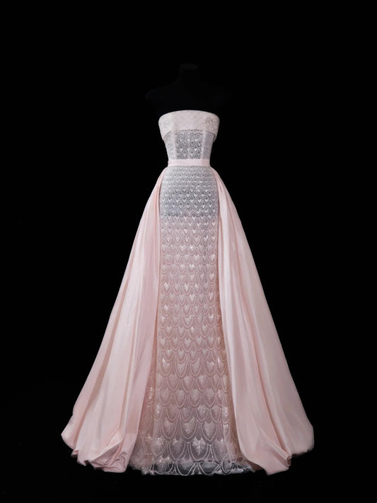 Chic Mermaid Strapless Pink With Train Sequined Long Party Dresses Prom Dresses Impress Wedding Guest Dress N914