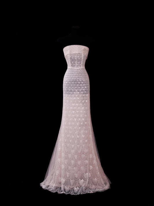 Chic Mermaid Strapless Pink With Train Sequined Long Party Dresses Prom Dresses Impress Wedding Guest Dress N914