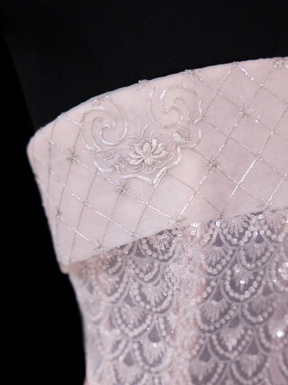 Chic Mermaid Strapless Pink With Train Sequined Long Party Dresses Prom Dresses Impress Wedding Guest Dress N914