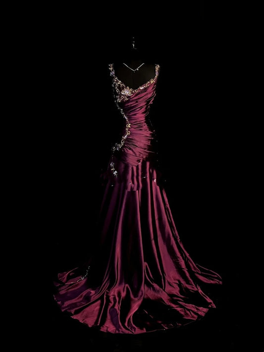 Chic Mermaid Spaghetti Strap Satin With Gold Appliqued Long Party Dresses Prom Dresses Impress Wedding Guest Dress N917