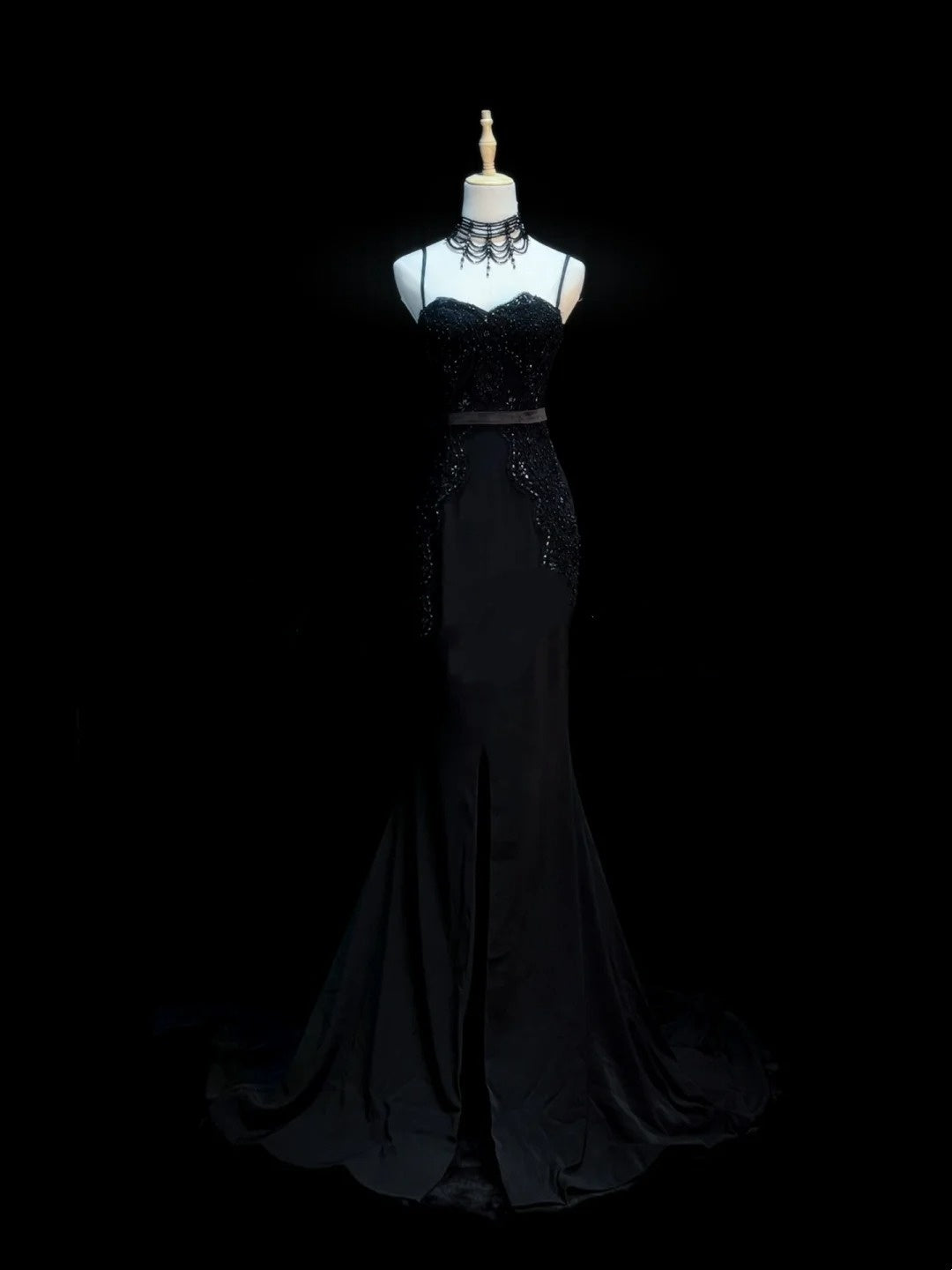Chic Mermaid Spaghetti Strap Black With Beaded Appliques Long Party Dresses Prom Dresses Impress Wedding Guest Dress N918
