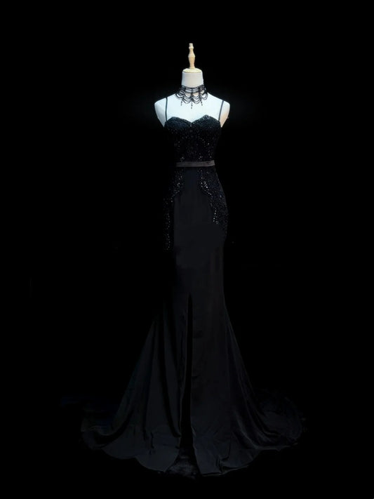 Chic Mermaid Spaghetti Strap Black With Beaded Appliques Long Party Dresses Prom Dresses Impress Wedding Guest Dress N918