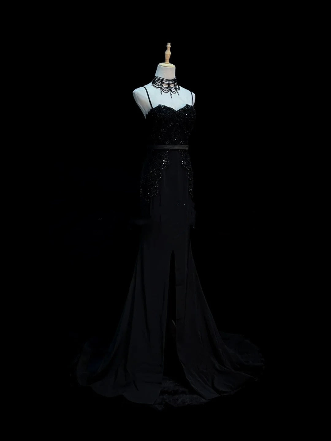 Chic Mermaid Spaghetti Strap Black With Beaded Appliques Long Party Dresses Prom Dresses Impress Wedding Guest Dress N918