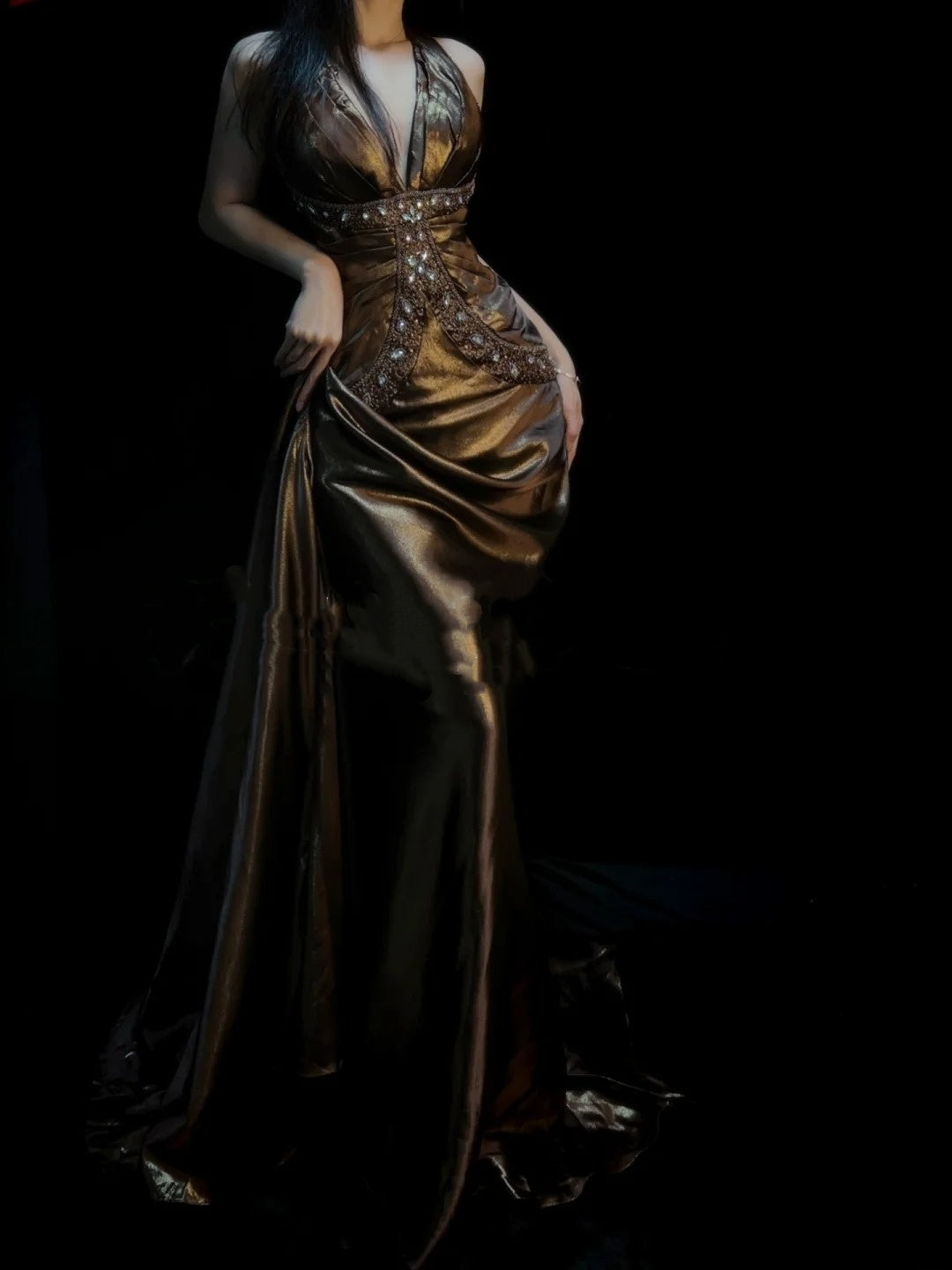 Vintage Mermaid Halter Satin With Beaded Gem Long Prom Dresses Party Dress 18th Birthday Outfits Graduation Dress N919