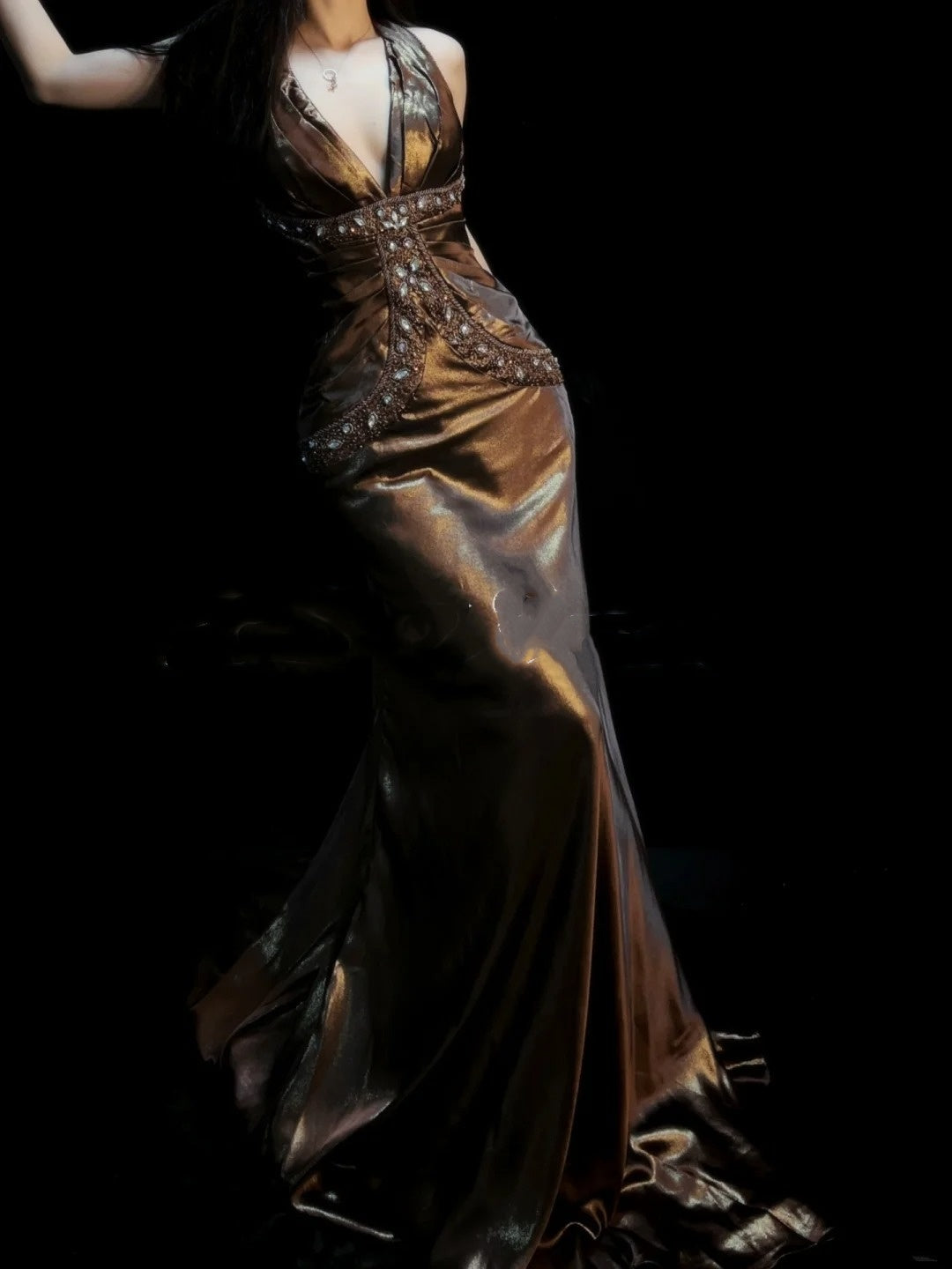 Vintage Mermaid Halter Satin With Beaded Gem Long Prom Dresses Party Dress 18th Birthday Outfits Graduation Dress N919