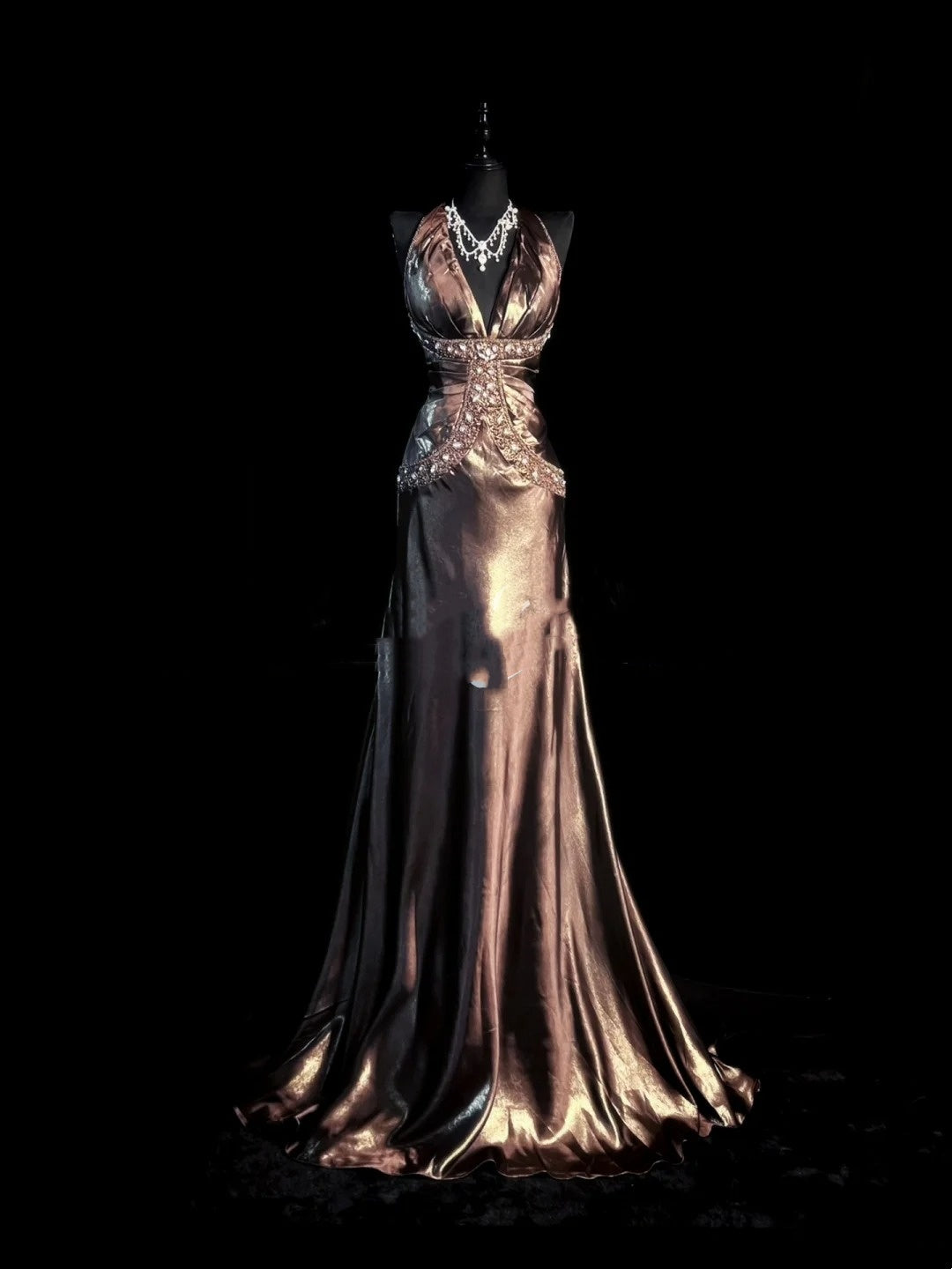 Vintage Mermaid Halter Satin With Beaded Gem Long Prom Dresses Party Dress 18th Birthday Outfits Graduation Dress N919