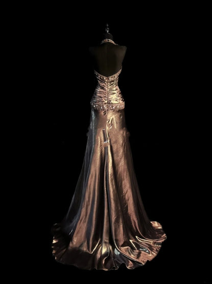 Vintage Mermaid Halter Satin With Beaded Gem Long Prom Dresses Party Dress 18th Birthday Outfits Graduation Dress N919