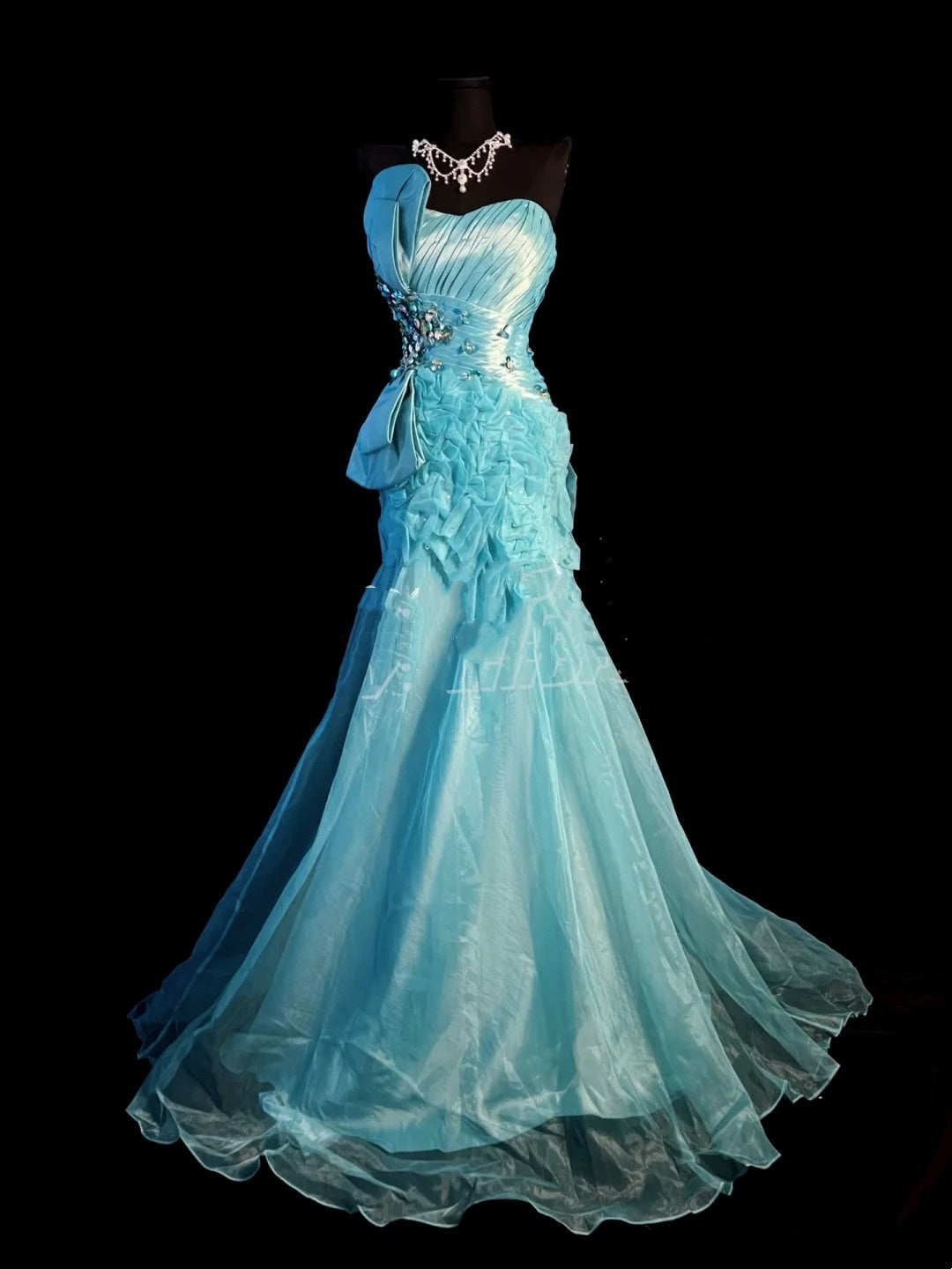 Vintage Mermaid Sweetheart Blue Organza Long Prom Dresses Party Dress 18th Birthday Outfits Graduation Dress N911