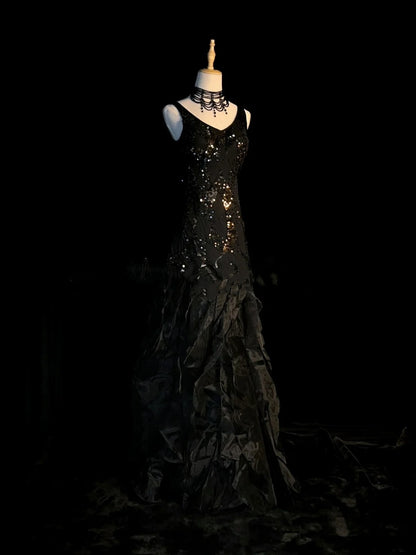 Vintage Mermaid V Neck 1950s Satin Black With Beaded Gem Long Prom Dresses Party Dress 18th Birthday Outfits Graduation Dress N920