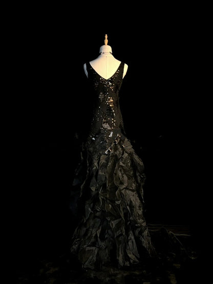Vintage Mermaid V Neck 1950s Satin Black With Beaded Gem Long Prom Dresses Party Dress 18th Birthday Outfits Graduation Dress N920