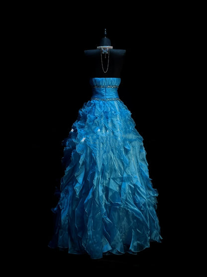 Modest Ball Gown Strapless Blue Organza Long Prom Dresses Party Dress 21st Birthday Outfits Graduation Gown N921
