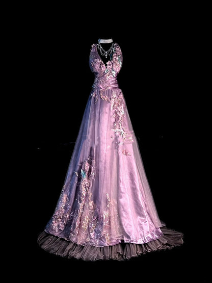 Vintage A Line V Neck 1950s Lilac With Beaded Appliques Long Prom Dresses Party Dress 18th Birthday Outfits Graduation Dress N922