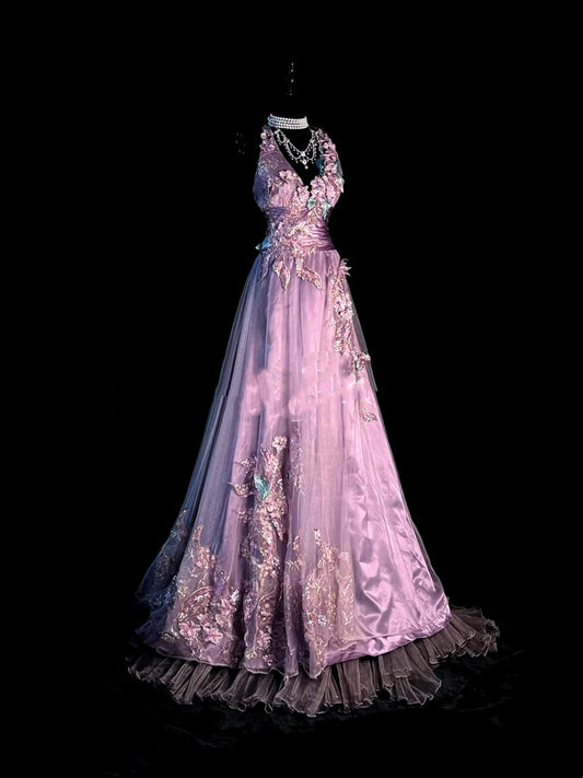 Vintage A Line V Neck 1950s Lilac With Beaded Appliques Long Prom Dresses Party Dress 18th Birthday Outfits Graduation Dress N922