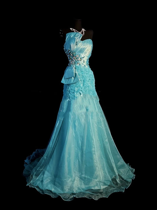 Vintage Mermaid Sweetheart Blue Organza Long Prom Dresses Party Dress 18th Birthday Outfits Graduation Dress N911