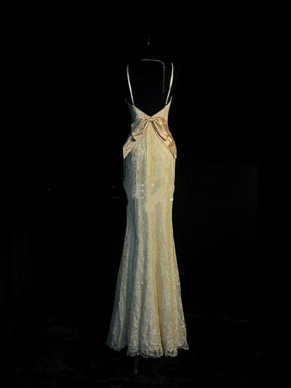 Chic Mermaid V Neck Yellow Lace Long Party Dresses Prom Dresses Impress Wedding Guest Dress N924
