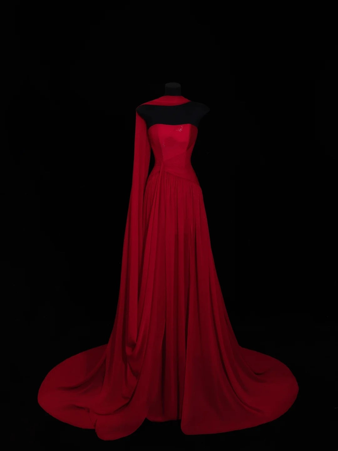 Chic A line Strapless Red Chiffon With Scarf Long Party Dresses Prom Dresses Impress Wedding Guest Dress N912