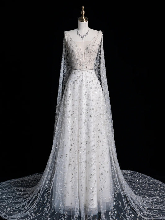 Charming A Line V Neckline With Cape White Tulle Wedding Dress Long Fairytale Autumn Bridal Dresses N520