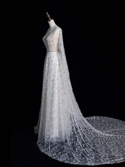 Charming A Line V Neckline With Cape White Tulle Wedding Dress Long Fairytale Autumn Bridal Dresses N520