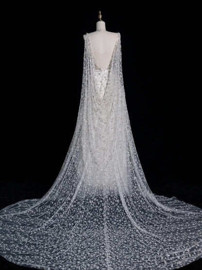 Charming A Line V Neckline With Cape White Tulle Wedding Dress Long Fairytale Autumn Bridal Dresses N520