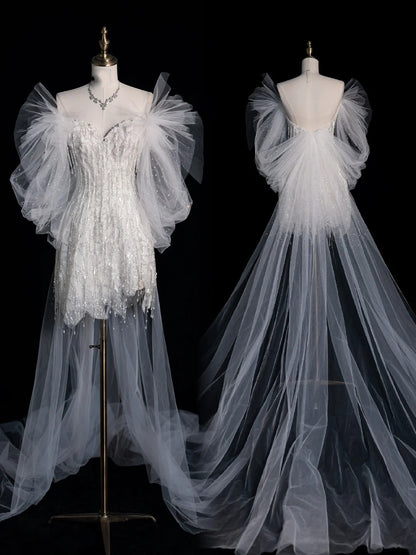 Classic Sheath Wedding Dresses Strapless Short White With Sleeves Brides Dress Summer Bridal Gowns N508
