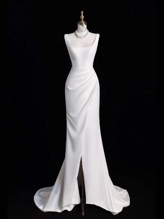 Charming Mermaid Square Neck Satin Summer With Slit Wedding Dress Long Fairytale Autumn Bridal Dresses N521