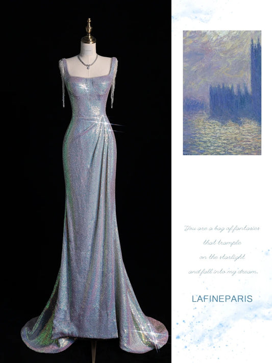 Sparkly Mermaid Square Neck Blue Sequin Long Prom Dresses Inspo 19th Birthday Outfits Formal Dress N526