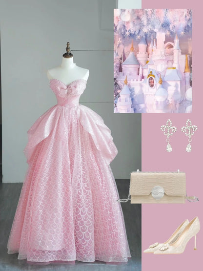 Cute Ball Gown Sweetheart Pink Tulle Long Prom Dresses Inspo 19th Birthday Outfits Formal Dress N528