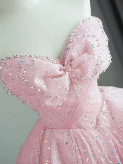 Cute Ball Gown Sweetheart Pink Tulle Long Prom Dresses Inspo 19th Birthday Outfits Formal Dress N528