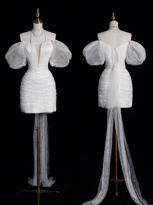 Classic Sheath Wedding Dresses Off The Shoulder Short White With Short Sleeves Brides Dress Summer Bridal Gowns N510