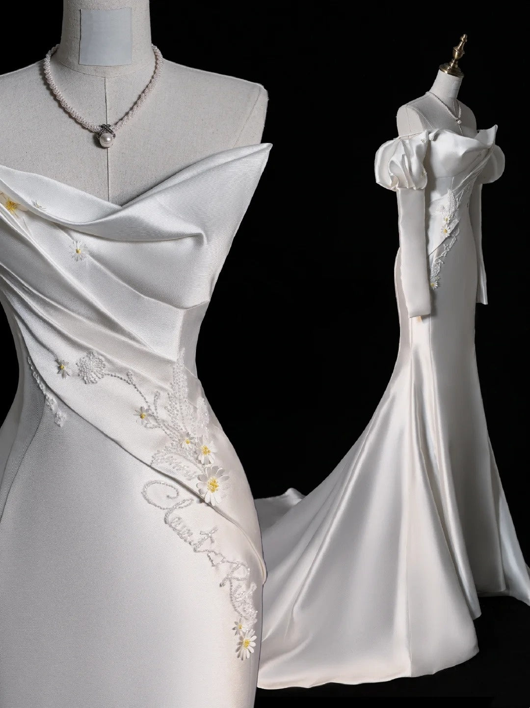 Modest Mermaid Sweetheart White With Long Sleeves Satin Wedding Dress Long Fairytale Autumn Wedding Dresses N513