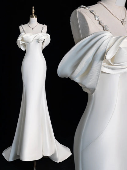 Modest Mermaid Sweetheart With Straps Sleeves White Satin Wedding Dress Long Fairytale Autumn Wedding Dresses N514