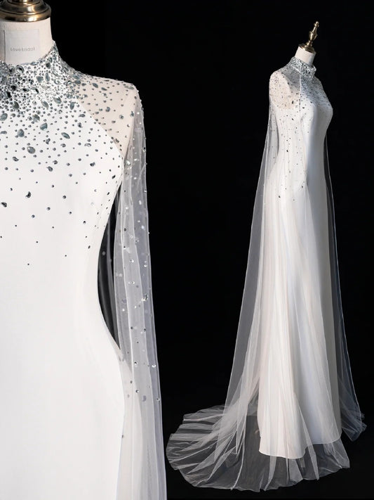 Modest Mermaid High Neck With Cape Long Sleeves White Satin Wedding Dress Long Fairytale Autumn Bridal Dresses N515