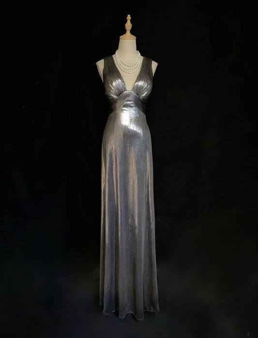 Vintage Prom Dresses Inspo A Line V Neck Grey With Ruffled 80s Long Formal Gown N2832