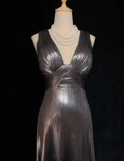 Vintage Prom Dresses Inspo A Line V Neck Grey With Ruffled 80s Long Formal Gown N2832
