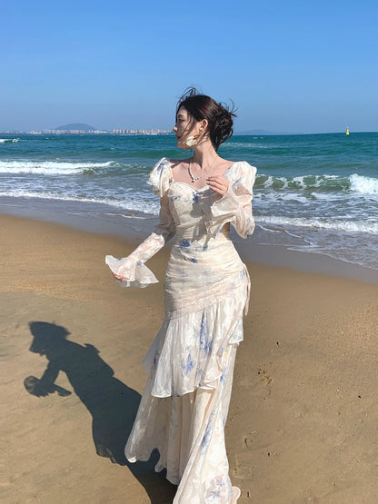 Elegant Mermaid Square Neck Floral Chiffon Blue Long Sleeves Prom Dresses 16th Nigh Party Birthday Outfits AB2466