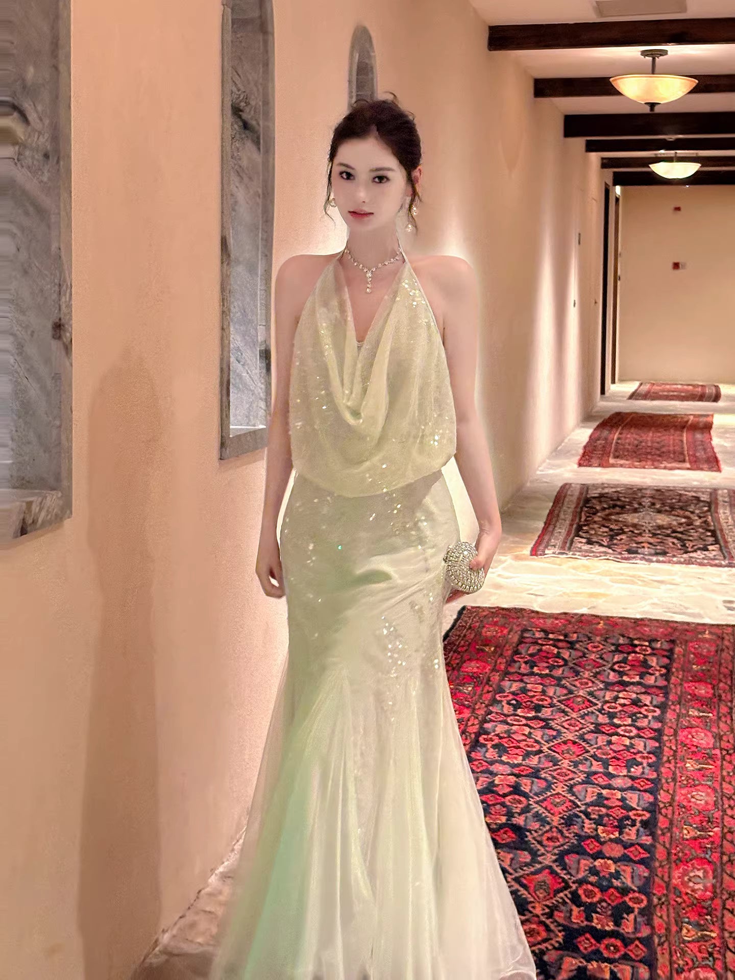 Sexy Mermaid Halter Mint Green Sequins Ankle Length Prom Dresses Wedding Guest Dress 20th Birthday Outfits AB2479