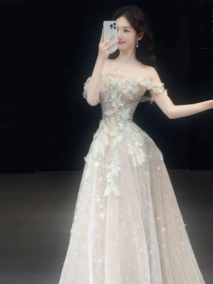 Cute A line Off The Shoulder With Cap Sleeves Sequins Champagne Long Formal Prom Dresses Dance Night Outfits Party Gowns AB2202