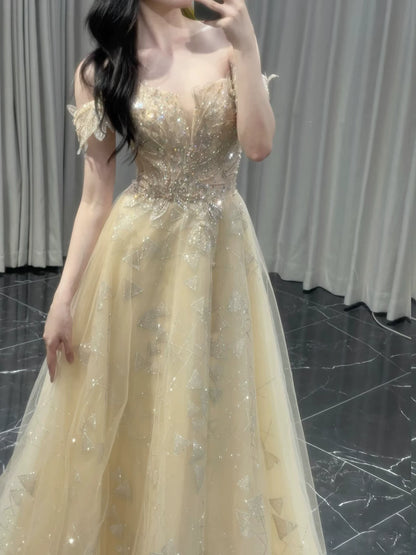 Classy A line Off The Shoulder With Cap Sleeves Sequins Long Formal Prom Dresses Dance Night Outfits Party Gowns AB2200