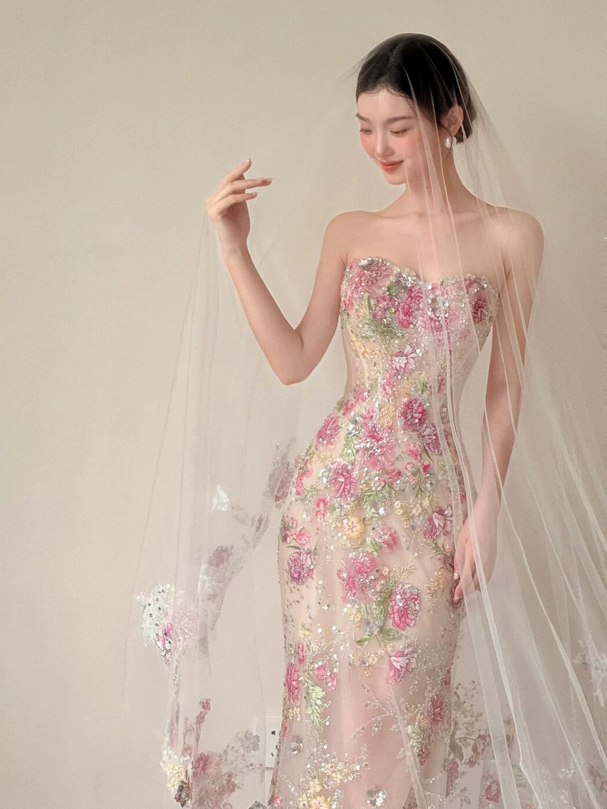 Classy Mermaid Strapless Floral Lace Long Formal Prom Dresses Dance Night Outfits Party Gowns AB2201
