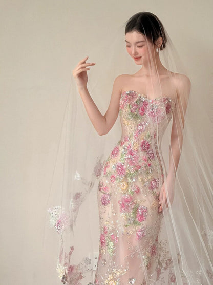 Classy Mermaid Strapless Floral Lace Long Formal Prom Dresses Dance Night Outfits Party Gowns AB2201