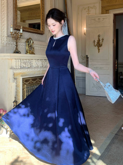 Elegant A line Jewel Neck Navy Blue Satin With Beaded Sleeveless Prom Dresses 16th Nigh Party Birthday Outfits AB2442