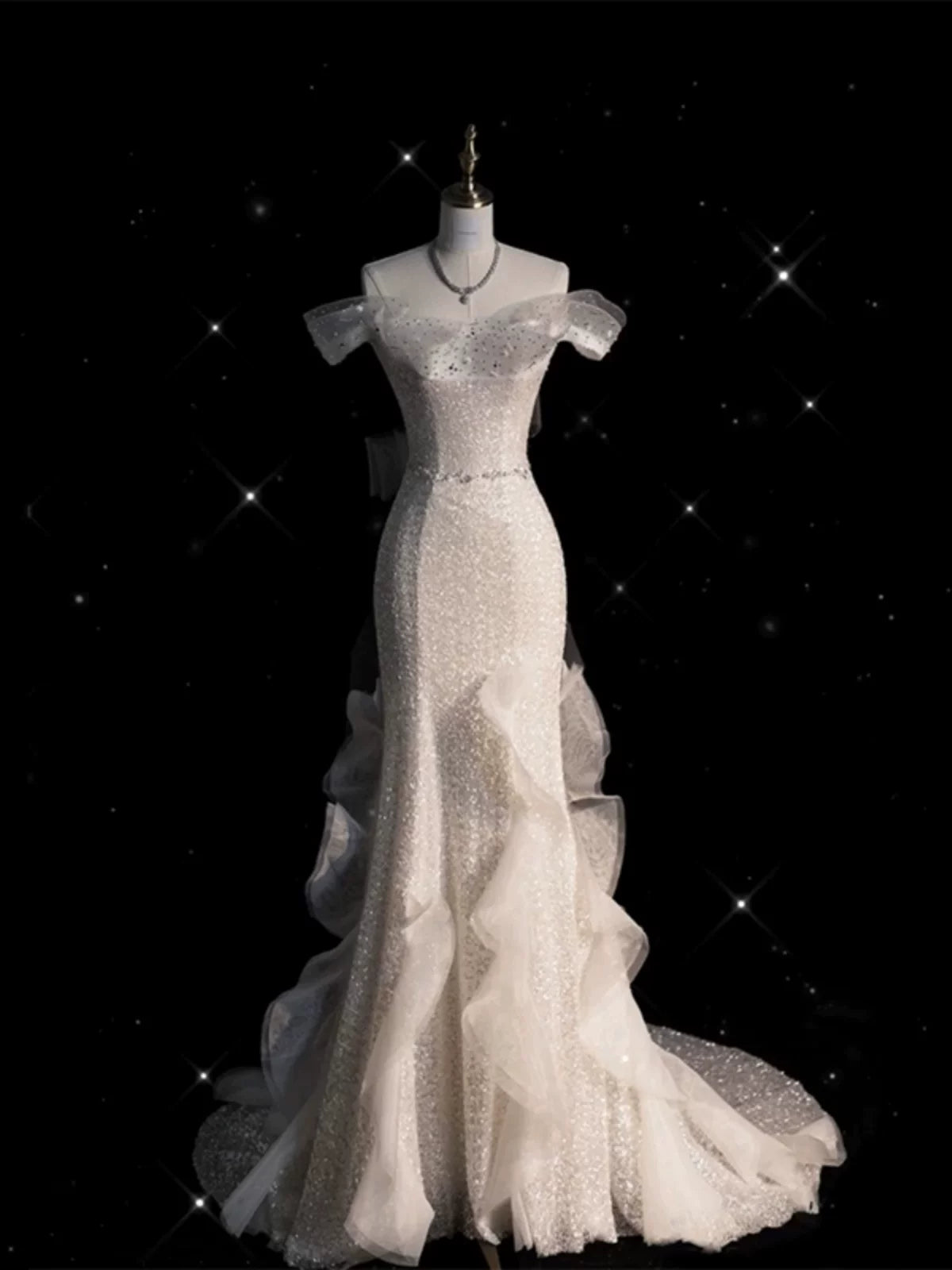 Sparkly Wedding Dresses Mermaid Off The Shoulder White Sequins Brides Dress For Brides Fitted Bridal Gown AB2335