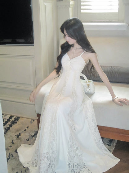 Elegant A Line Spaghetti Strap White Lace Long Pleated Prom Dress Aesthetic Graduation Birthday Outfits N093