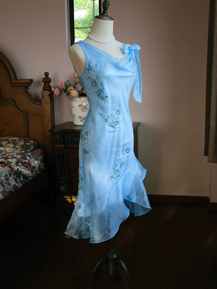 Vintage 1980s Mermaid Blue Knee Length Prom Dresses With Beads Inspiration Party Night Evening Dress 18th Birthday Outfits AB2373