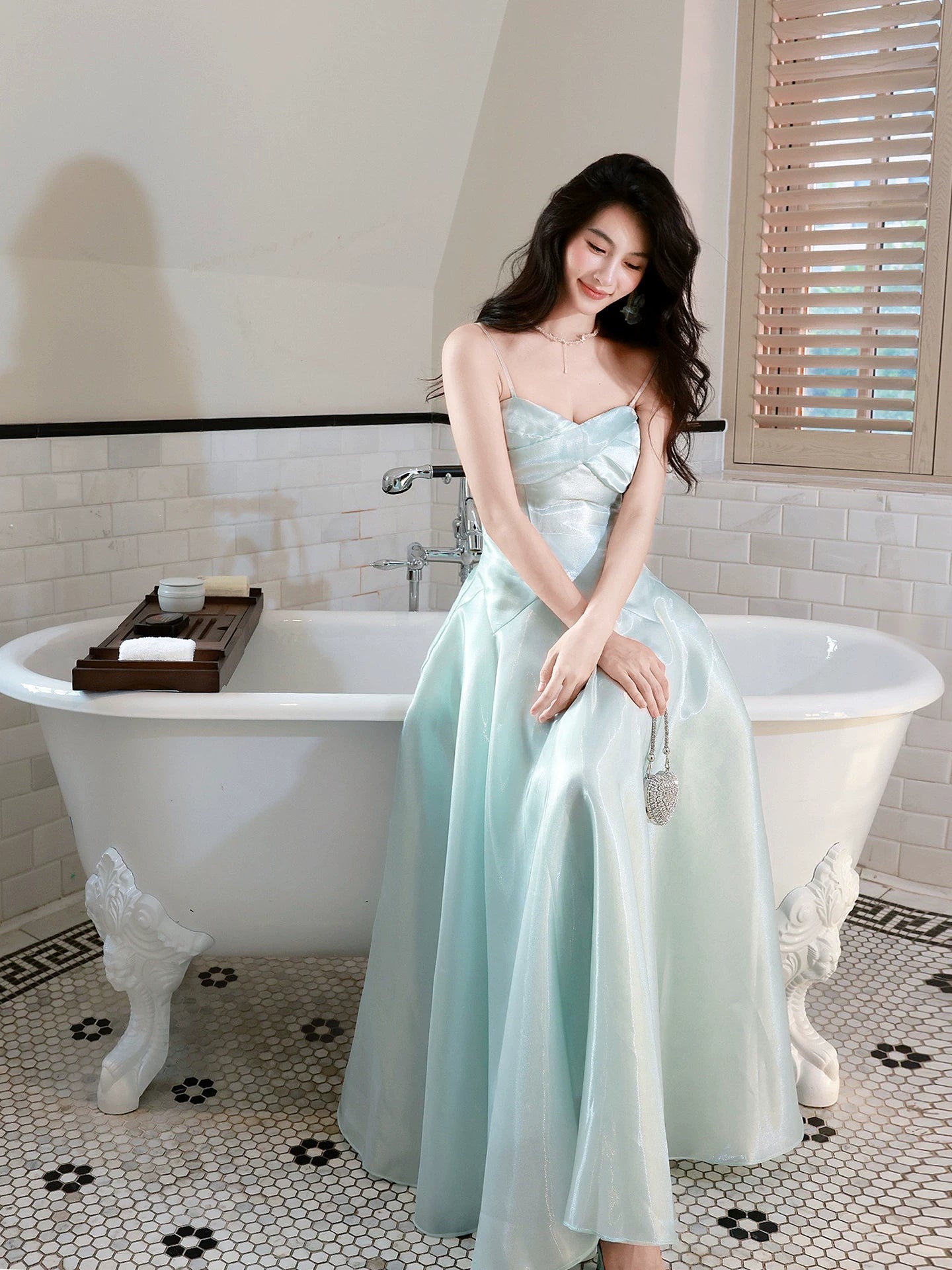 Classy A Line Spaghetti Strap Ice Blue Ankle Length Pleated Prom Dress Aesthetic Graduation Birthday Outfits N095