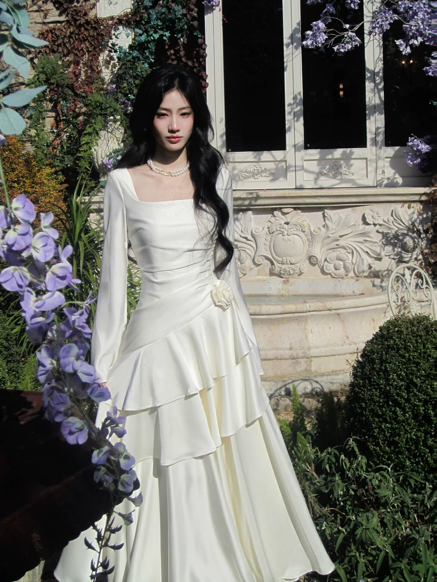 Modest Mermaid Square Neck Ivory Satin Long Sleeves Prom Dresses Wedding Guest Dress 16th Birthday Outfits AB2448