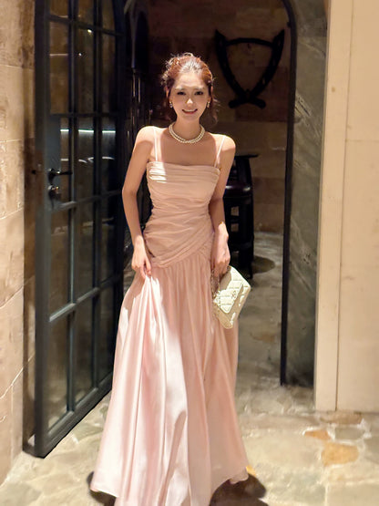 Elegant Mermaid Spaghetti Strap Pink Satin Long Pleated Prom Dress Aesthetic Long Graduation Birthday Holiday Outfits N083